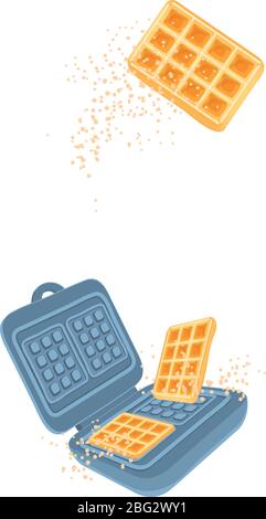Modern cover with waffle maker for web banner design. Cooking belgian waffles vector illustration isolated on white background. Flying Waffle iron with copy space kitchen poster. Vertical concept. Stock Vector