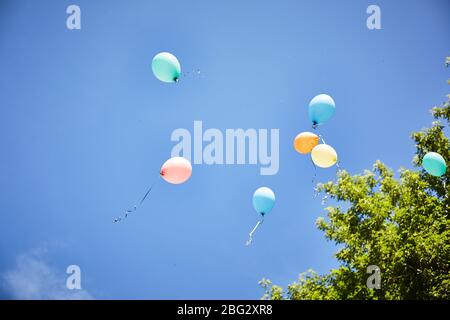 balloons fly away on a background of blue sky Stock Photo