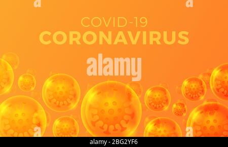 Futuristic Coronavirus or Covid-19 web banner template with glowing virus cell on realistic glossy ball in orange color. Stock Vector
