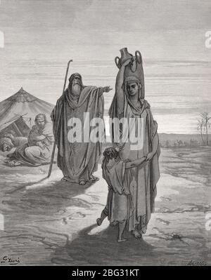 Abraham Sends Hagar and Ishmael Away, Old Testament, woodcut by Gustave Doré Stock Photo