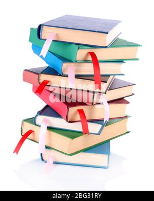 Many books with bookmarks isolated on white Stock Photo