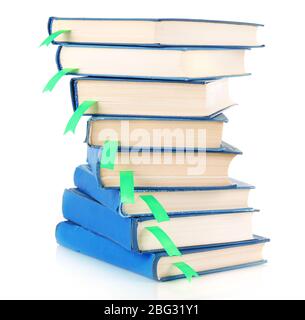 Many books with bookmarks isolated on white Stock Photo