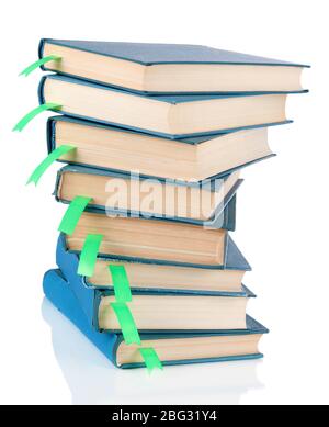 Many books with bookmarks isolated on white Stock Photo