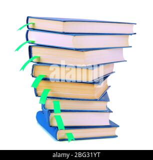 Many books with bookmarks isolated on white Stock Photo