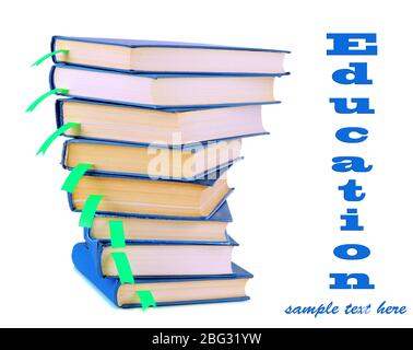 Many books with bookmarks isolated on white Stock Photo