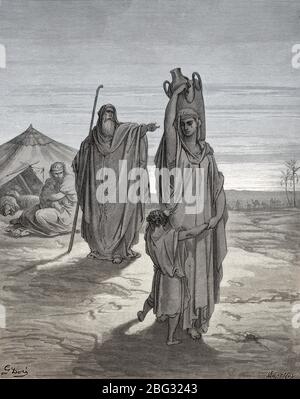 Abraham Sends Hagar and Ishmael Away, Old Testament, woodcut by Gustave Doré Stock Photo