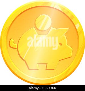 Gold coin piggy bank savings symbol. Banking concept. Money save icon. Economic growth sign. Cash income, investment. Home budget. Earnings money. Metal moneybox vector, isolated on white background. Stock Vector