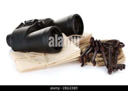 Black modern binoculars with old keys and letters isolated on white Stock Photo