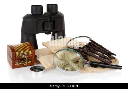 Black modern binoculars with old letters isolated on white Stock Photo