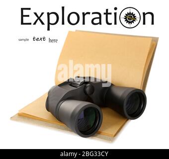 Black modern binoculars with old notebook isolated on white Stock Photo