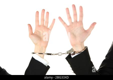 Man and woman hands and breaking handcuffs isolated on white background Stock Photo