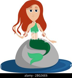 Mermaid on rock, illustration, vector on white background Stock Vector