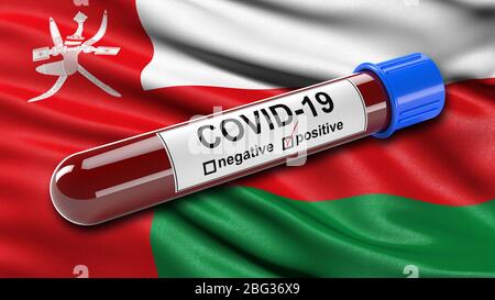 Flag of Oman waving in the wind with a positive Covid-19 blood test tube. Stock Photo