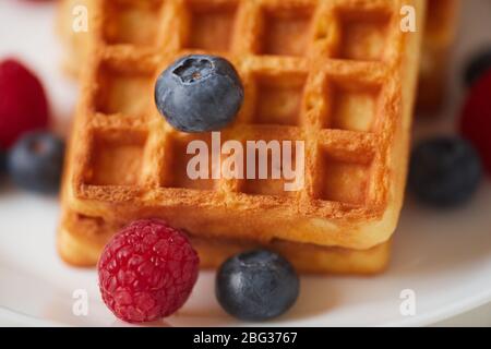 Extreme close up of fresh berries over sweet dessert waffle background, copy space Stock Photo