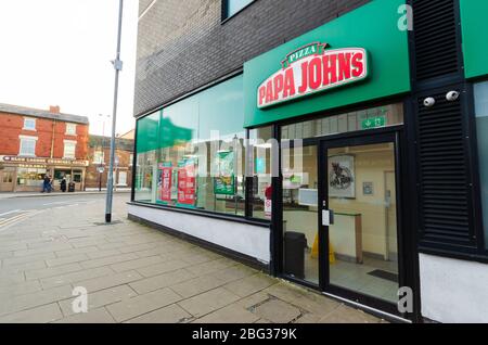 Chester, UK: Mar 1, 2020: Papa John's Pizza have a branch of their take