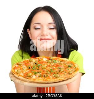 Girl housewife with delicious pizza isolated on white Stock Photo