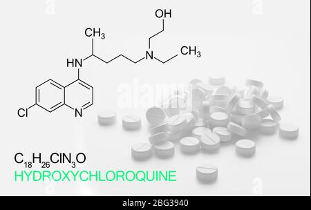 Hydroxychloroquine, chloroquine medicine substance formula used in  treatment for coronavirus, SARS-CoV-2. Active in COVID-19 supportive therapy. Stock Photo