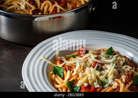 Vegetarian bucatini pomodoro. Stock Photo