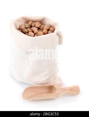 Peanuts in sack isolated on white Stock Photo