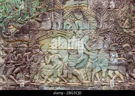 Bas-relief in Prasat Bayon, Angkor Thom, Siem Reap, Cambodia, Stock Photo