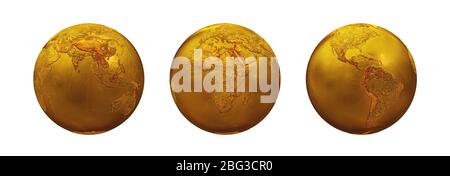 Realistic set of topography Golden Metal Earth Globe isolated on a white background. Asia, Europe, Africa, America, Australia. 3d Rendering illustrati Stock Photo