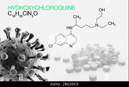 Hydroxychloroquine, chloroquine medicine substance formula used in  treatment for coronavirus, SARS-CoV-2. Active in COVID-19 supportive therapy. Stock Photo