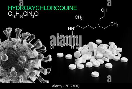 Hydroxychloroquine, chloroquine medicine substance formula used in  treatment for coronavirus, SARS-CoV-2. Active in COVID-19 supportive therapy. Stock Photo