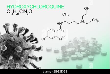 Hydroxychloroquine, chloroquine medicine substance formula used in  treatment for coronavirus, SARS-CoV-2. Active in COVID-19 supportive therapy. Stock Photo