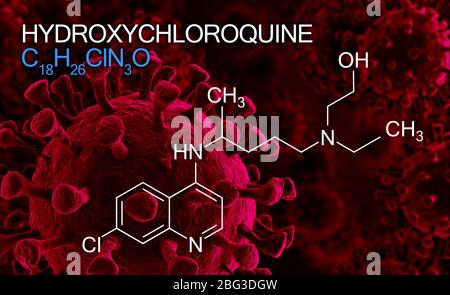 Hydroxychloroquine, chloroquine medicine substance formula used in  treatment for coronavirus, SARS-CoV-2. Active in COVID-19 supportive therapy. Stock Photo