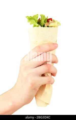 Hand holding kebab - grilled meat and vegetables, wrapped in pita, isolated on white Stock Photo