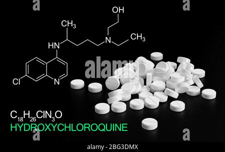 Hydroxychloroquine, chloroquine medicine substance formula used in  treatment for coronavirus, SARS-CoV-2. Active in COVID-19 supportive therapy. Stock Photo