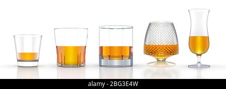 Set of whiskey glasses scotch bourbon isolated on white background high resolution 3d illustration. Collection Stock Photo