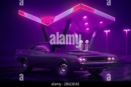 3D illustration of neon gas station and retro car. Fog rain and night. Colour reflections on asphalt Stock Photo