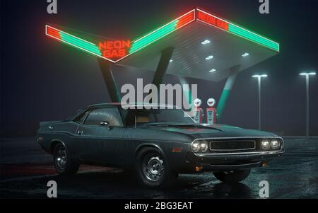 3D illustration of neon gas station and retro car. Fog rain and night. Colour reflections on asphalt Stock Photo