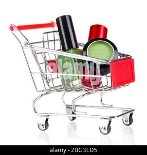 Cosmetics in cart isolated on white Stock Photo