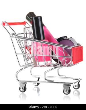 Cosmetics in cart isolated on white Stock Photo