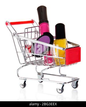 Cosmetics in cart isolated on white Stock Photo