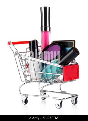 Cosmetics in cart isolated on white Stock Photo