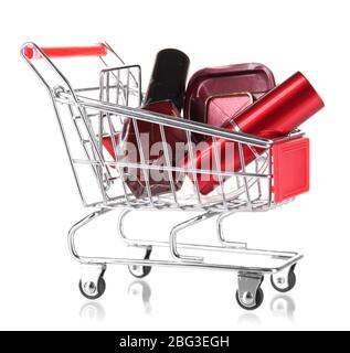 Cosmetics in cart isolated on white Stock Photo