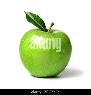 Green ripe apple with green leaf isolated on a white background Stock Photo
