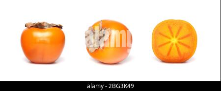 Persimmon fruit isolated on white background. Orange fresh ripe persimmon. Set of persimmons. Collection. Stock Photo