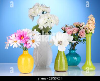 Beautiful flowers in vases on blue background Stock Photo