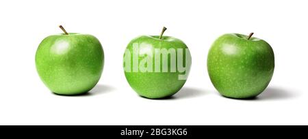 Green ripe apples isolated on white background. Granny smith apples. Stock Photo