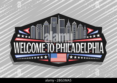 Vector logo for Philadelphia, black decorative sticker with line illustration of modern philadelphia city scape, art design tourist fridge magnet with Stock Vector