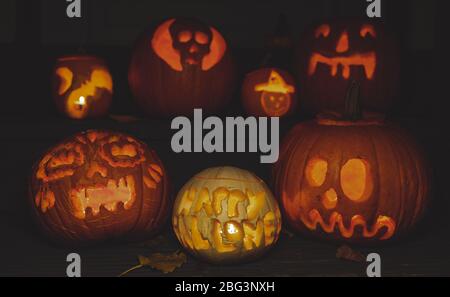 Close-up of Jack-o-lanterns at Halloween, England, UK Stock Photo