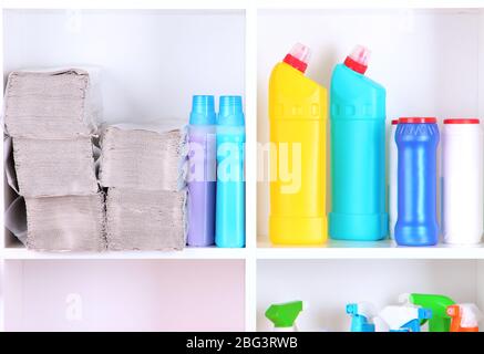 Shelves in pantry with cleaners for home close-up Stock Photo