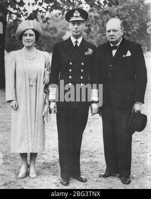 English King George VI, Queen Elizabeth I, and the new British  Prime Minister, Winston Churchill. 1940.   To see my other WW II images, Search:  Prestor  vintage   WW II  royal Stock Photo