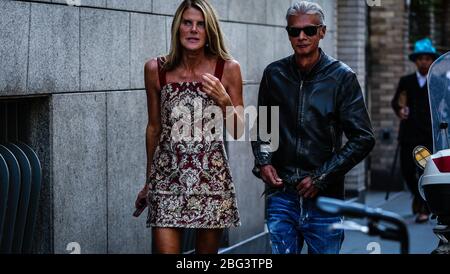 MILAN, Italy- September 20 2019: Anna Dello Russo and Angelo Gioia on the street during the Milan Fashion Week. Stock Photo