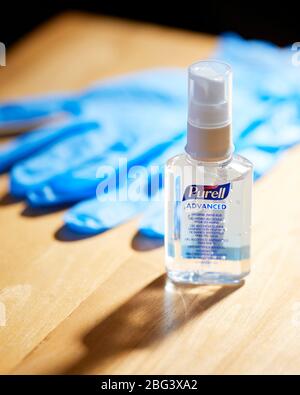 Surgical gloves and hand cleanser gel Stock Photo