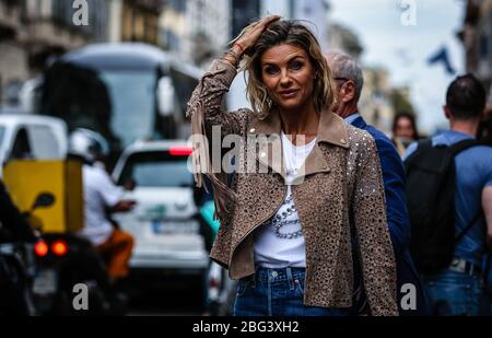MILAN, Italy- September 20 2019: Martina Colombari on the street during the Milan Fashion Week. Stock Photo